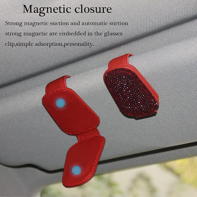 ACODABLEM Bling Car Glass Holder Sun Visor, Bling Crystal Rhinestone Sunglasses Magnetic Holder Mount Universal Eyeglasses Hanger Clip, Ticket Card Clip for Car, Car Sun Visor Accessories (Red) - Image 3