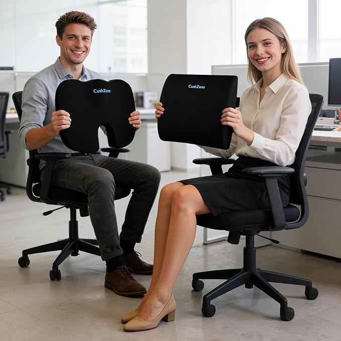 CushZone X-Large Seat Cushion and Lumbar Support Pillow for Office, Black | Thick Memory Foam for Sciatica Pain Relief & Posture Correction, Non-Slip Chair Cushions for Car, Wheelchair and Travel - Image 7