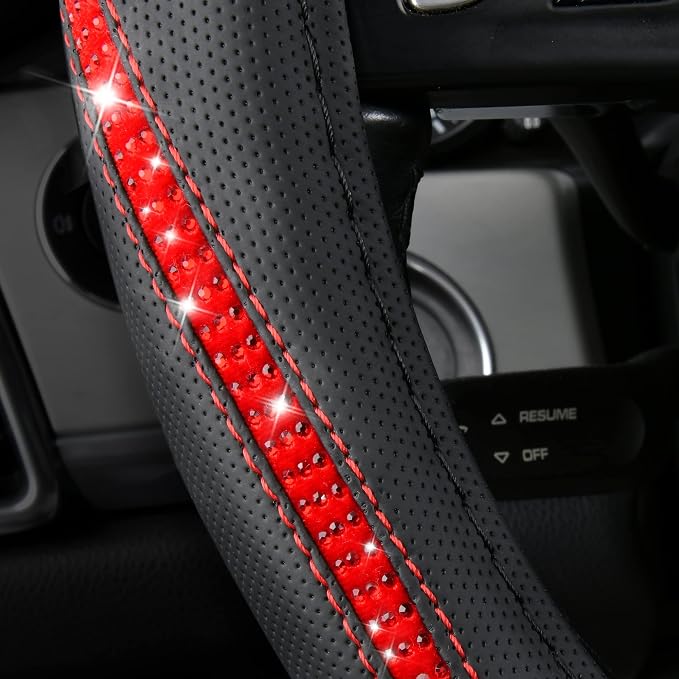 CAR PASS Bling Diamond Black Leather Steering Wheel Cover, Studded Crystal Rhinestones Universal Fit 14" 1/2-15" Glitter for Women Sparkle Girl Fit Suvs,Vans,Sedans,Car,Trucks, Red Diamond - Image 2