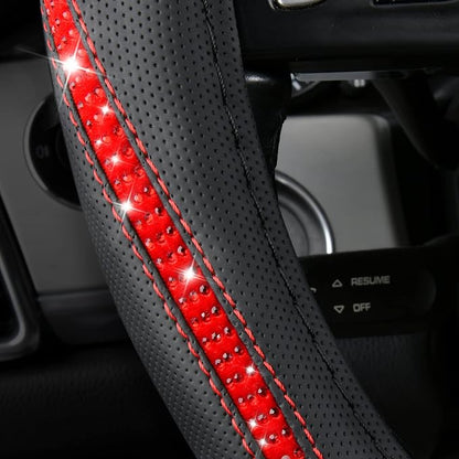 CAR PASS Bling Diamond Black Leather Steering Wheel Cover, Studded Crystal Rhinestones Universal Fit 14" 1/2-15" Glitter for Women Sparkle Girl Fit Suvs,Vans,Sedans,Car,Trucks, Red Diamond - Image 2