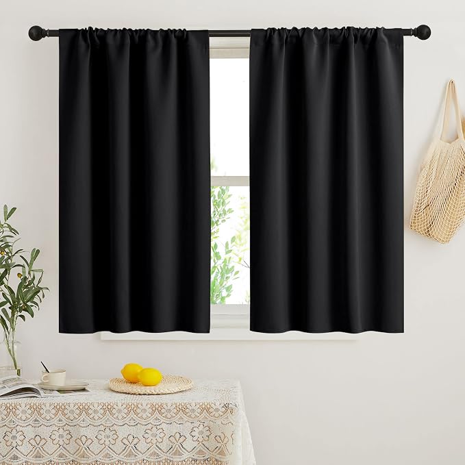 RYB HOME Short Blackout Curtains for Bedroom, Room Darkening Insulated | Rod Pocket, Summer Heat Light UV Blocking, Energy Saving, Drapes for Nursery, W34 x L45, Black, 2 Panels by RYBHOME