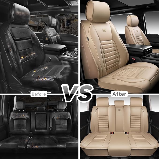CAR PASS Nappa Leather Car Seat Covers Full Set, Luxury Seat Protector for Cars, Waterproof Anti-Slip Car Seat Cushion Armrest Compatible Airbag Universal for Sedan SUV Pick-up Truck Automotive, Beige - Image 9