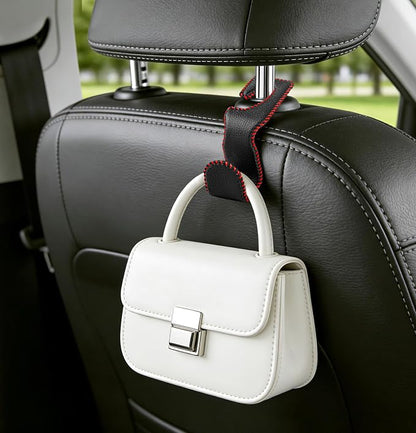 EldHus Car Seat Hooks for Purses and Bags, 4 Pack Car Purse Holder for Grocery Bag Handbag Clothes, Metal Headrest Hooks Covered by Leather, Black Red - Image 2