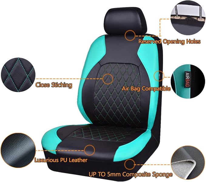 Universal Deluxe Pu Luxury Vinyl Faux Leather Car Seat Covers Full Set, Airbag Compatible, Breathable, Fit for Cars, Trucks, SUV (Black and Mint) - Image 4