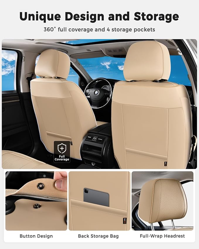 Huidasource Beige Seat Covers, Luxury Faux Leather Car Seat Cover, Velcro Adjustable, with Airbags, Seat Belts, Thinning Design Perforation Cooling＆Heating Fit for Most Cars, Vans, Trucks, SUVs, Beige - Image 5