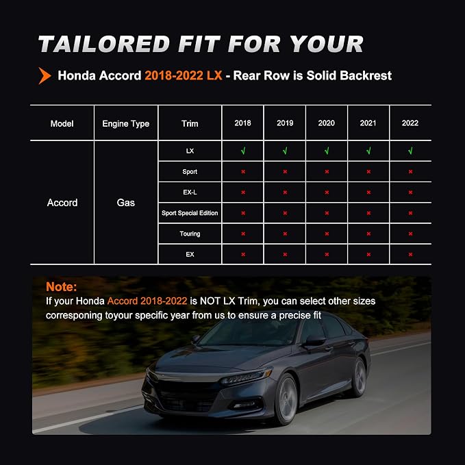 AOMSAZTO Custom Fit Seat Covers for Honda Accord: 2018-2022 LX | (Rear Solid Folding Backrest )Full Set Waterproof Airbag Compatible Faux Leather Black%Gray - Image 3