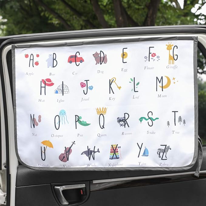 Magnetic Car Sun Shade Curtain for Side Window – Sun Blocker and UV Protector for Baby, Kids, and Pets – Universal Fit with Built-in Magnets for Steel-Framed Door (Be-Kids Alphabet) by Unknown