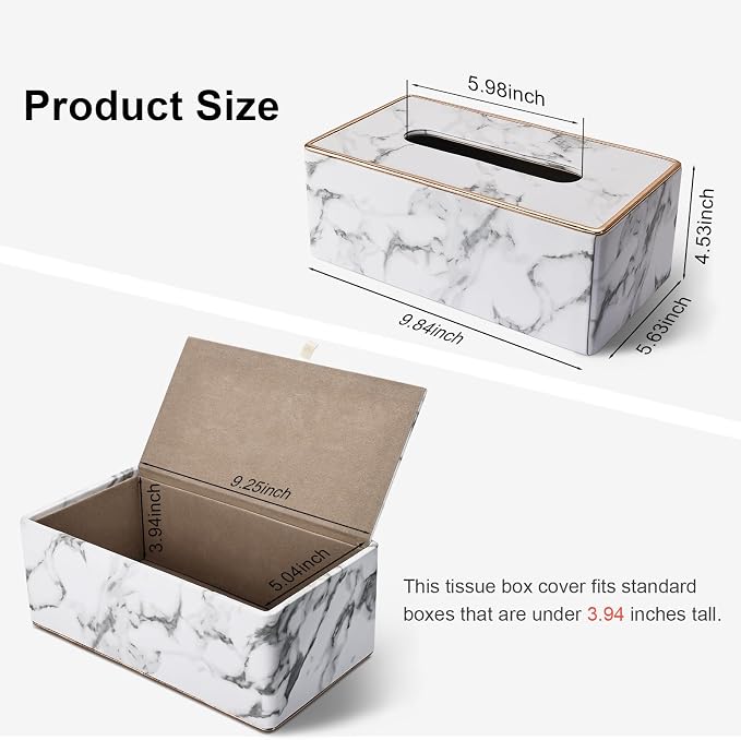 Tissue Box Cover Rectangular, PU Leather Tissue Box Holder for Kleenex, Napkin, Rectangle Tissue Box Covers, Tissue Holder for Bathroom Car Home Decorative 9.84"X5.23"X3.77" - Phnom Penh Marble - Image 2
