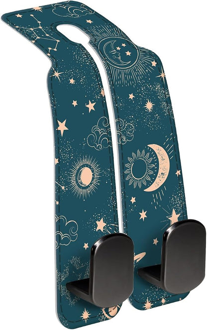Car Seat Back Storage Headrest Hook, Premium Leather Double Metal Hook, Hanger Storage Organizer for Purse Cloth Bag, Car Interior Accessories Cute Blue Sun Boho by Unknown