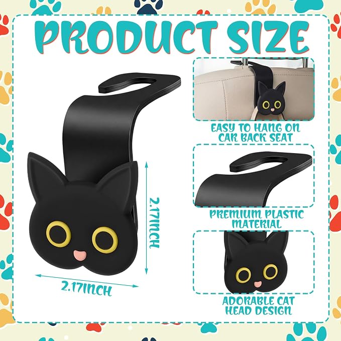 Novabright 4 Pcs Black Cat Car Seat Headrest Hooks Cute Cartoon Cat Car Seat Back Organizer Vehicle Headrest Hangers Automobile Storage Accessories for Handbags Purses Grocery Bags Coats Umbrella - Image 2