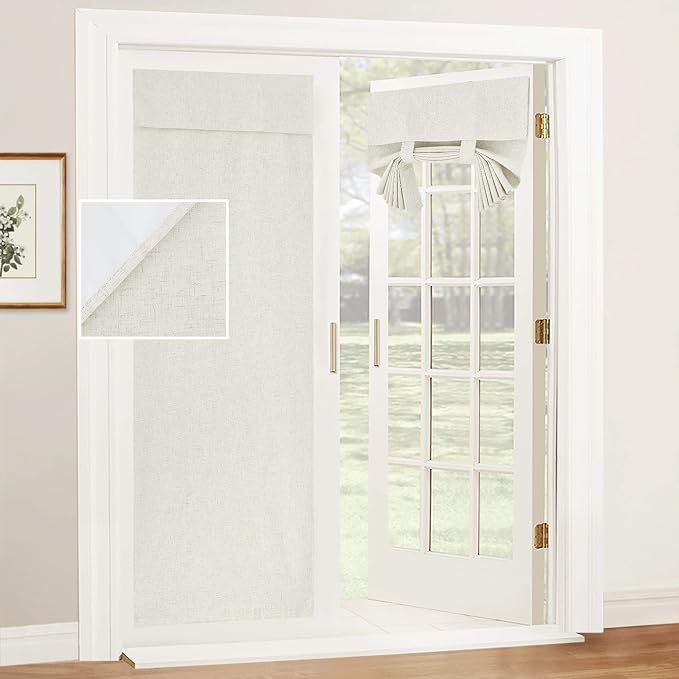 RYB HOME Natural Linen Textured French Door Window Curtains 100% Blackout | Self Adhesive, Thermal Insulated Privacy Energy Saving, Shades for Nursery Office Patio Glass Door, W26 x L69, 1 Panel by RYBHOME