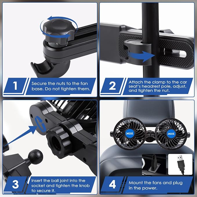XOOL USB Dual Head Backseat Car Fan – 360° Rotatable Rear Seat Air Circulator with Stepless Speed & Adjustable Clip for Kids in SUV, Truck, RV - Image 9