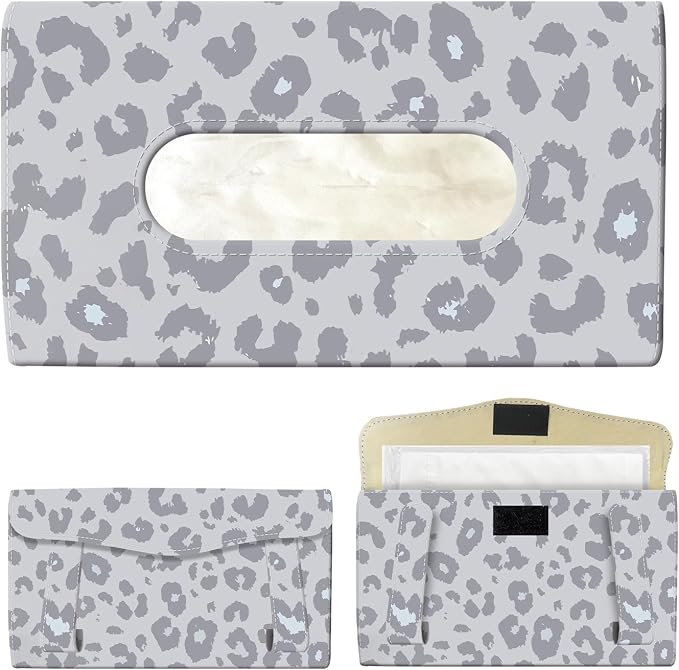 Car Tissue Holder, Cute Sun Visor Napkin Holder Backseat Tissue Case, PU Leather Tissue Box, Funny Car Accessories for Women Men Grey Cute Leopard by Unknown