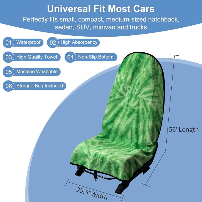 Car Seat Towel Covers with Storage Bag, Waterproof Sweatproof Towel Seat Cover Universal Front Seat Covers Machine Washable Non-Slip Seat Protector for Gym Workouts(Green, 1Pcs Front Seat Cover) - Image 6