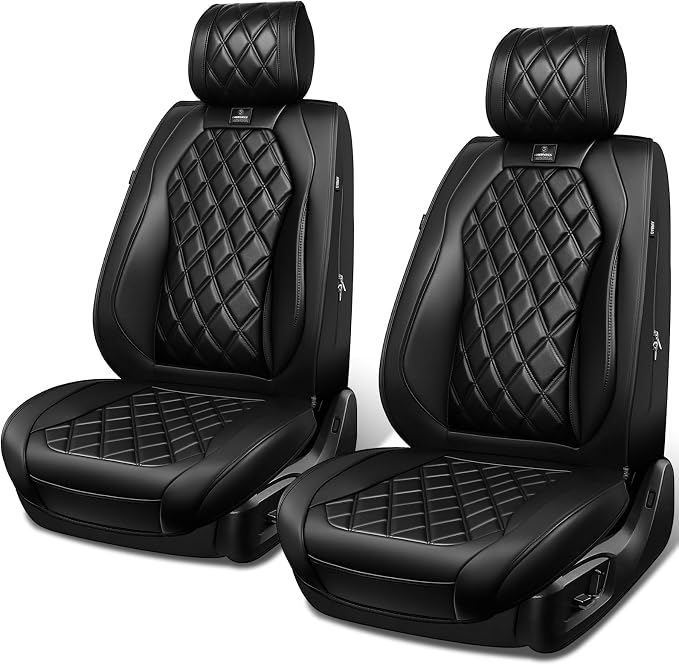 CAR PASS Luxury Nappa Leather Front Seat Covers, Waterproof Lumbar Support Seat Covers, Universal Anti Slip Seat Cushion Fit for Most Sedan SUV Truck Van, Armrest Airbag Compatible Rhomb Pure Black - Image 7