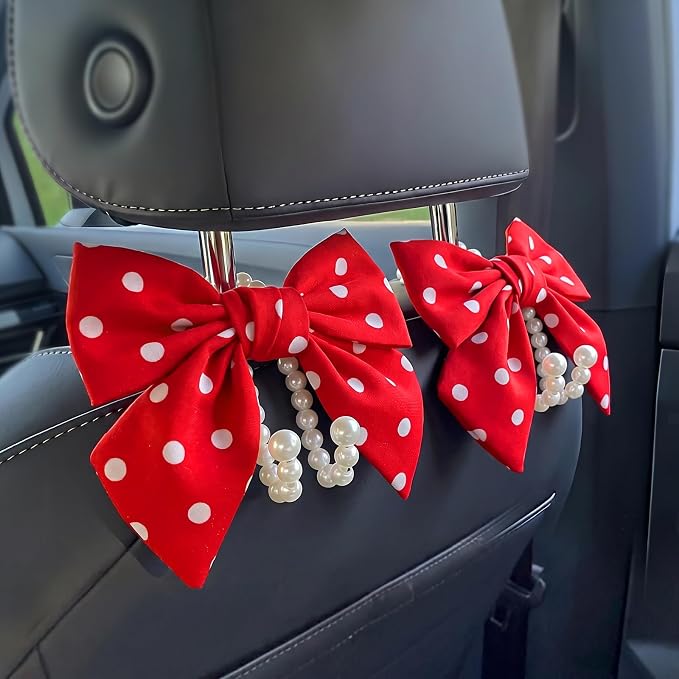 2 PCS Bow Pearl Car Seat Headrest Hook – Cute Purse Hook for Car, Girly Interior Decoration Accessories Hook Hanger, Seatback Holder for Purses & Bags, Elegant Car Organizer (Red Polka Dot) by Unknown