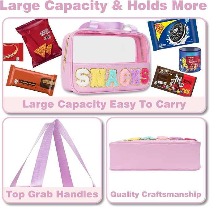 Snack Bags Chenille Letter Clear Makeup Bag Snacks Bags for Travel, Clear Snack Pouch, Preppy Cosmetic Bag, Sunscreen Bag, Travel Toiletry Pouches Cosmetic Pouch for Women and Girls - Image 2