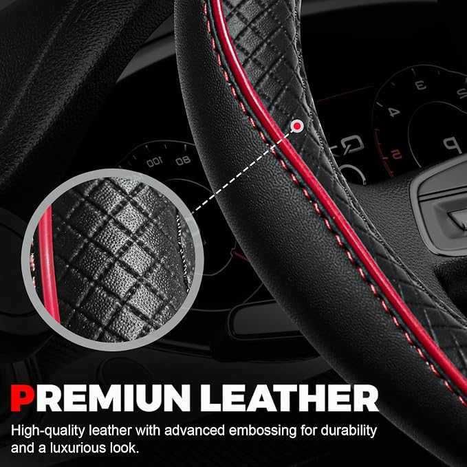 Ouzorp Car Steering Wheel Cover, Microfiber Leather Steering Wheel Covers with Anti-Slip Lining, Universal 14.5-15 inchs Black with Red line - Image 5