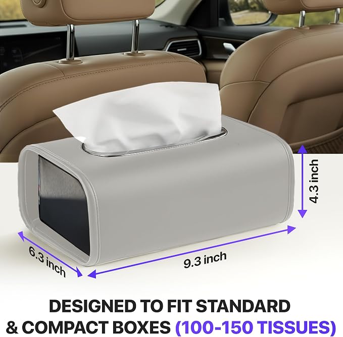 Lucrum Extra Large Car Tissue Holder - PU Leather Tissue Box Cover | Fits Regular Size Napkins Box - PU Leather Car Tissue Holder for Seat Back, Sun Visor & Console - Pearl Grey - Image 3