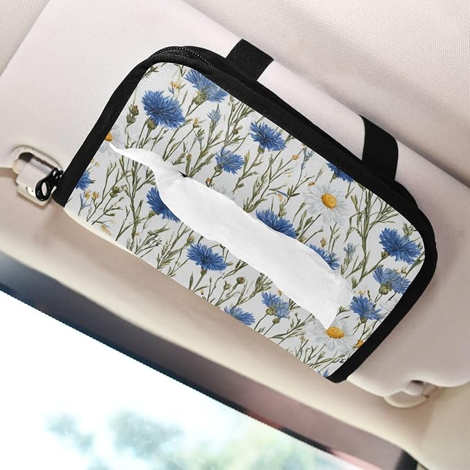 Car Tissue Holder Car Napkin Holder Tissue Box Dispenser Storage Case Sun Visor Mask Holder with Adjustable Straps Reusable Refillable Blue and White Daisy03 - Image 7