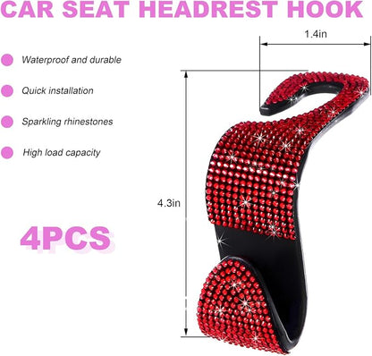 4 PCS Bling Car Seat Headrest Hooks, Rhinestone Vehicle Backseat Storage Hanger Backpack Hook, Sparkly Multi-Functional Headrest Purse Holder for Car Truck SUV RV (Red) - Image 2