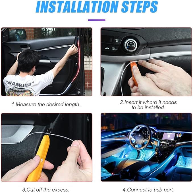 16FT EL Wire Strip Lights, USB Car Neon Trim, Sewing Edge, Yellow | USB-powered operation, sewing-edge design, fuse protection, interior ambient lighting use, cut-to-length construction - Image 4