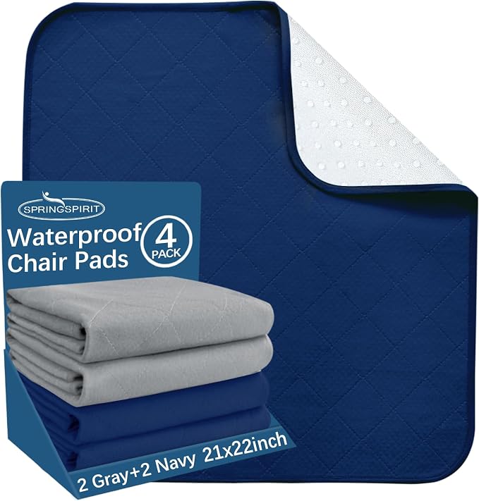 Waterproof Chair Pads for Incontinence Washable 22'' x 21'', 4 Pack Absorbent Seat Protector Underpads for Adults, Elderly, Kids, Toddler and Pets, Grey and Navy by SpringspiritBedding