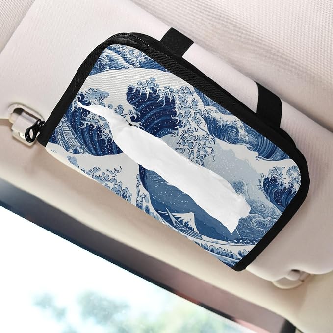 Car Tissue Holder Car Napkin Holder Tissue Box Dispenser Storage Case Sun Visor Mask Holder Accessories with Adjustable Straps Reusable Refillable Deep Blue Wave Pattern Snow Mountain - Image 7