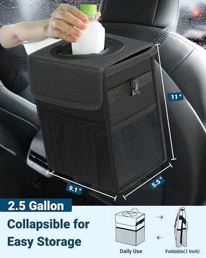 Capolo Car Trash Can with Lid, Leakproof Car Garbage Can Car Trash Bag | Waterproof, Trash Can for Car, 3 Mesh Pockets, Mini Hanging Vehicle Car Trash Bin, for Back/Front Seat (Black,2.5 Gal) - Image 2
