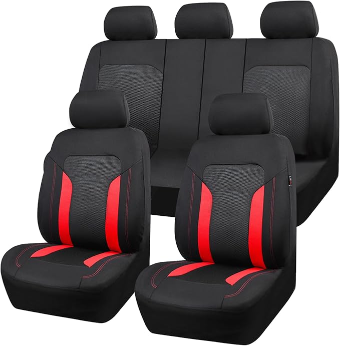 CAR PASS 3D Air Mesh Car Seat Covers Full Set, Breathable Sporty Rear Bench with Zipper for Armrest Box Universal Fit 95% Automotive SUV,Truck,Sedan Interior Cute Women Airbag Compatible, Black Red by CARPASS