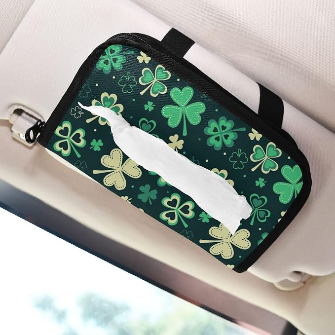 Car Tissue Holder Car Napkin Holder Car Tissue Box Dispenser Storage Case Sun Visor Mask Holder with Adjustable Straps Reusable Refillable Green Clover Leaves - Image 7