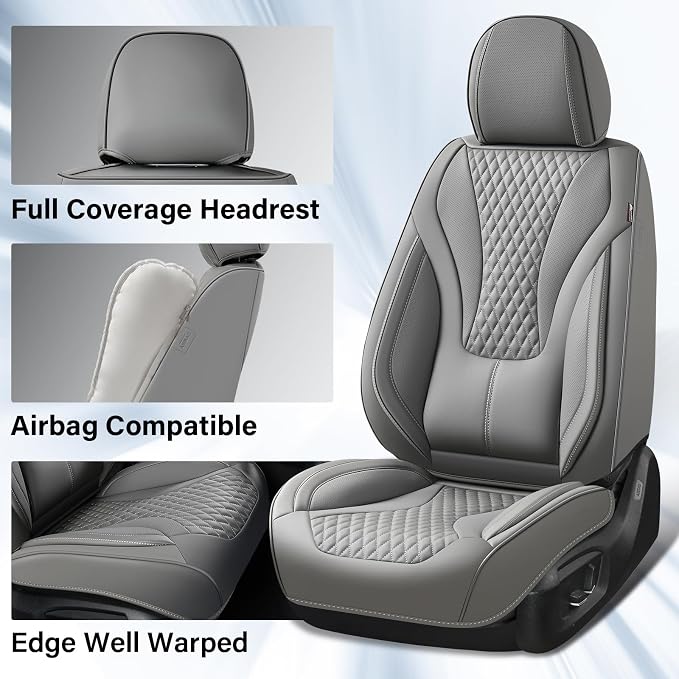 Coverado Gray Nappa Leather Car Seat Covers Front Seats ，Waterproof Car Seat Protector & Cushion, Universal Fit for Most Cars - Image 3