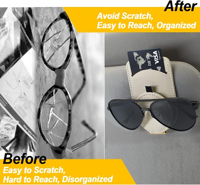 Sunglass Holder for Car Visor, Magnet Adsorbed Sunglasses Holder for Car Accessories Parts, Leather Car Sunglass Holder, Car Visor Sunglasses Clip for Glasses Cards (1PCS, Beige) - Image 4