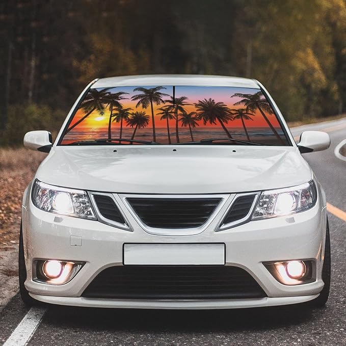 Palm Trees Sunset Car Windshield Sun Shade Umbrella Bendable Handle Foldable Tropical Beach Sunset Sunshade for Car Front Windshield Block UV Rays Keep Vehicle Cool 57"x30" - Image 3
