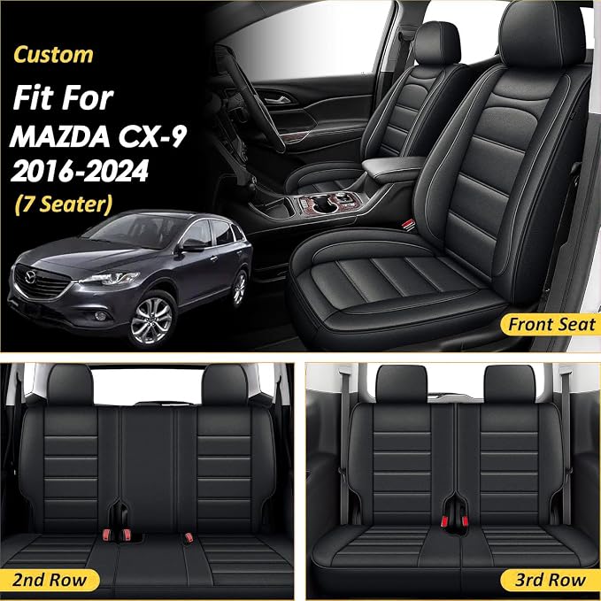 IKABEVEM Car Seat Covers Fit for Mazda CX-9 2016-2024 7 Seater | Custom Full Set,Waterproof Faux Leather,Scratch Resistant,Full Wrap,Easy to Install&Wipe Clean,Black Seat Interior Protector - Image 2