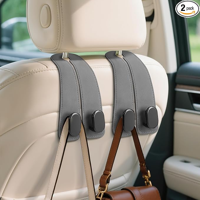 Car Seat Headrest Hooks, 2PCS Universal Car Purse Hook Leather Car Bag Hook | Gray Car Bag Purse Holder with Double Metal Hooks for Handbags, Grocery Bags, Bottles, Phones by Fitnice