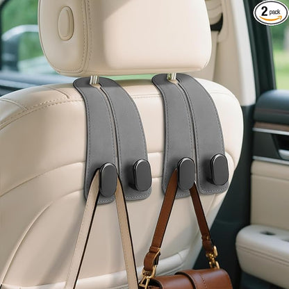 Car Seat Headrest Hooks, 2PCS Universal Car Purse Hook Leather Car Bag Hook | Gray Car Bag Purse Holder with Double Metal Hooks for Handbags, Grocery Bags, Bottles, Phones by Fitnice