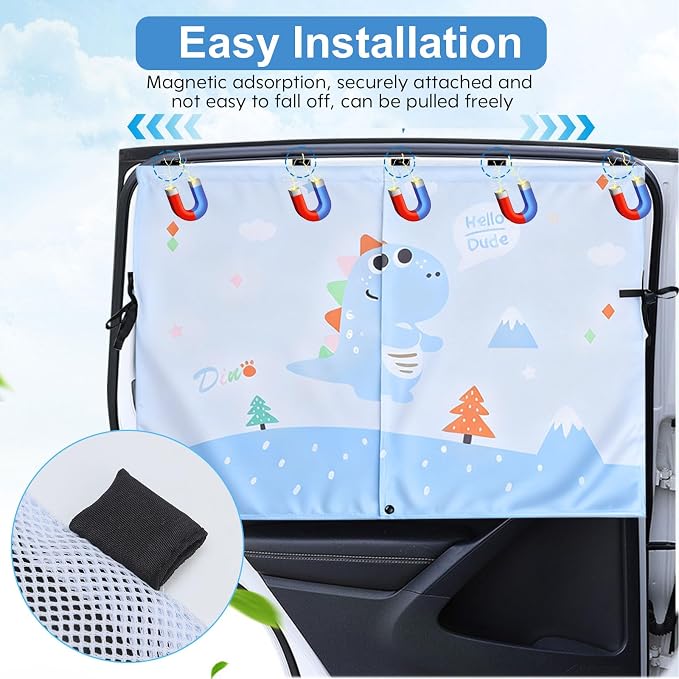 2 Pack Magnetic Car Window Shade for Baby, Back Seat, Easy Installation | Equipped with Mesh Storage Pocket on the Bottom, Universal Fit for Most Cars with Cartoon Patterns -for Baby (26.8"×19.7") - Image 4