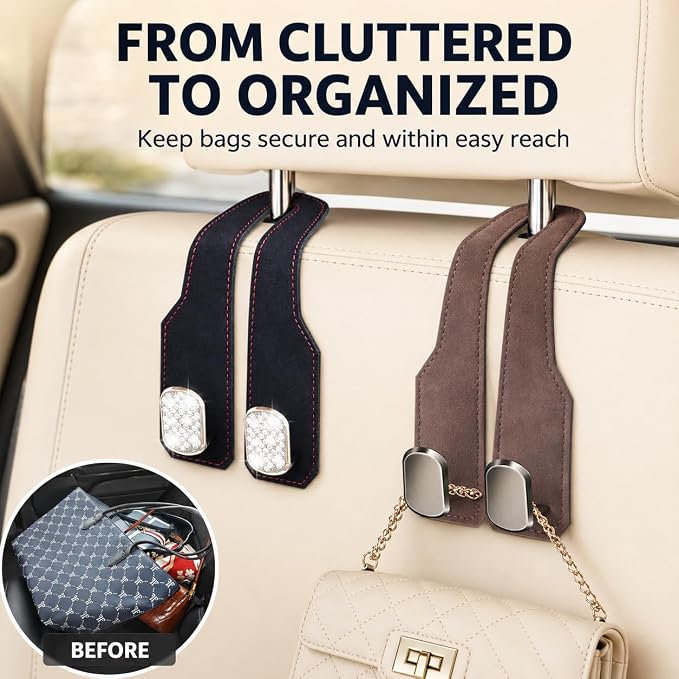 4 Pack Car Headrest Hooks, Dual Metal Hooks, Stylish Brown | Premium leather with dual metal hooks and anti-drop design. Holds purses, bags, coats, and groceries securely. - Image 4