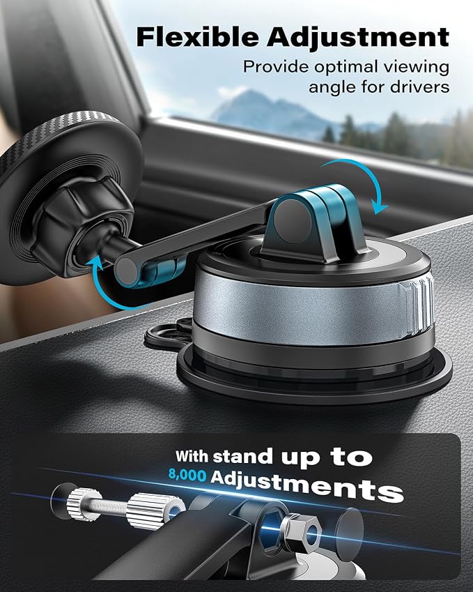Magnetic Phone Holder for Car, Suction Cup Phone Mount for MagSafe | Dual Pivot Adjustable Arm, 360° Rotation, 67mm Strong Suction Cup, Dashboard Phone Holder Compatible with MagSafe - Image 2