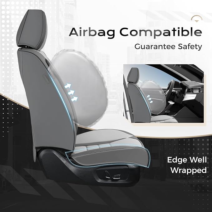 Coverado Car Seat Covers Full Set, Nappa Leather Seat Covers for Cars, Car Seat Protector Car Seat Cushion, Front and Back Seat Protectors Cushions Universal Fit for Most Cars (Gray&Light Gray) - Image 6