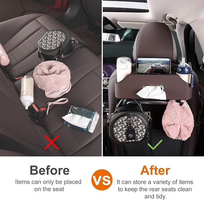 Car Seat Back Cup Holder, 4-in-1 Multifunctional Backseat Organizer with Tissue Box Storage & Hooks (Brown) - Image 3