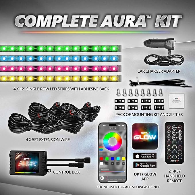 OPT7 Aura Pro Multicolor Interior Car Lights with App & Remote, 4PC LED Kit | Interior Ambient Glow, Music Sync Lighting, 12V Car Charger, RGB LED Light Strips, SUV Under Dash Decor - Image 8