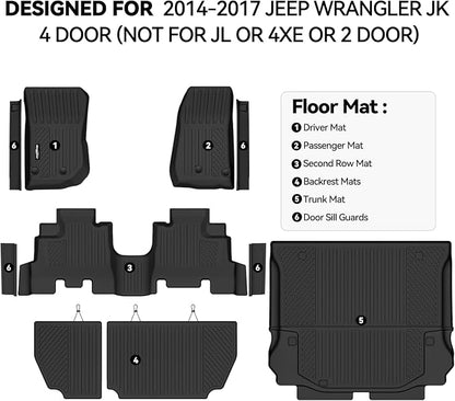 Floor Mats for 2014-2017 Jeep Wrangler JK 4-Door Accessories | (Not for JL or 4XE or 2 Door) Trunk Mat & Backrest Mats & Door Sill Guard All Weather TPE Interior Floor Liners - Image 2