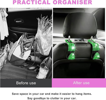 4 PCS Bling Car Seat Headrest Hooks, Rhinestone Vehicle Backseat Storage Hanger Backpack Hook, Sparkly Multi-Functional Headrest Purse Holder for Car Truck SUV RV (Green) - Image 3