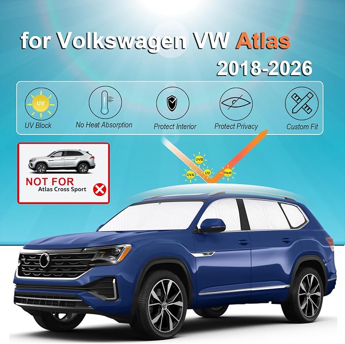 KMF 8pcs Sun Shades for Volkswagen VW Atlas (NOT Cross Sport) 2018-2025 2026 Accessories, Thicken Full Car Window Covers Sunshade for Windshield Side Rear, UV Block and Privacy for Camping Outdoor - Image 2