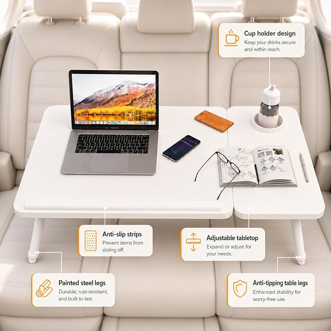 Car Desk for Laptop, Car Seat Table Tray with Cup Holder | Adjustable Car Desk for Travel, Eating, Laptop Work and Trips, Foldable Car Seat Table Organizer - Image 2