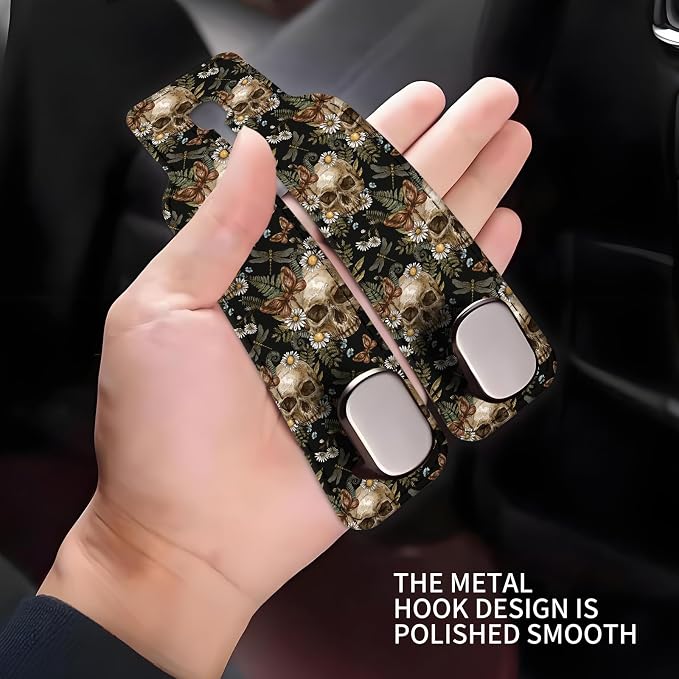 Car Seat Headrest Hook, Universal Leather Cute Hanger Holder Hook, Storage Organizer Interior Accessories for Purse Bags Handbag Cute Retro Flower Skulls - Image 4