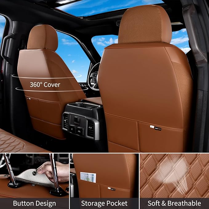 Huidasource Fit for Brown Chevy Silverado Seat Covers, GMC Sierra Seat Covers, Thickened Nappa Leather Truck Seat Cover 2007-2013&2019-2026 1500, 2020-2026 2500HD 3500HD Crew Double Extended Cab - Image 5