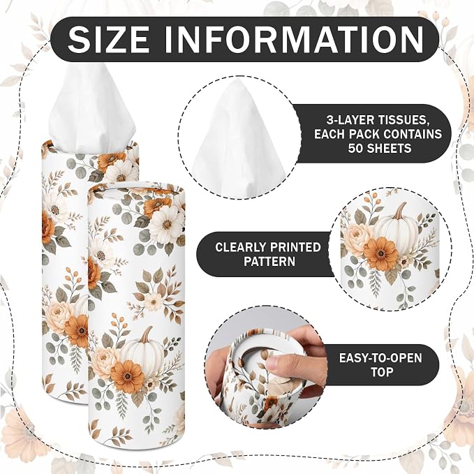 Arttown Car Tissue Holder for Cup Holder Facial Tissues 12 Pack Floral Fall | Autumn Bulk 3-Ply,Refillable Marble Print Cylinder Tissue Boxes,Fit Car Home Office School (600 Sheets Total,50 Sheets Each) - Image 3